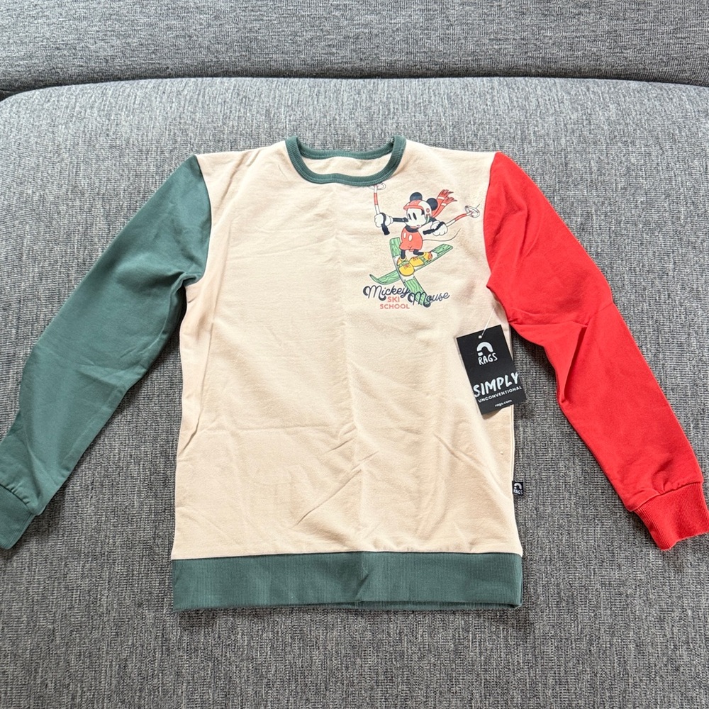 Rags to Raches Mickey Mouse Colorblock Crewneck - Cream, Green & Red